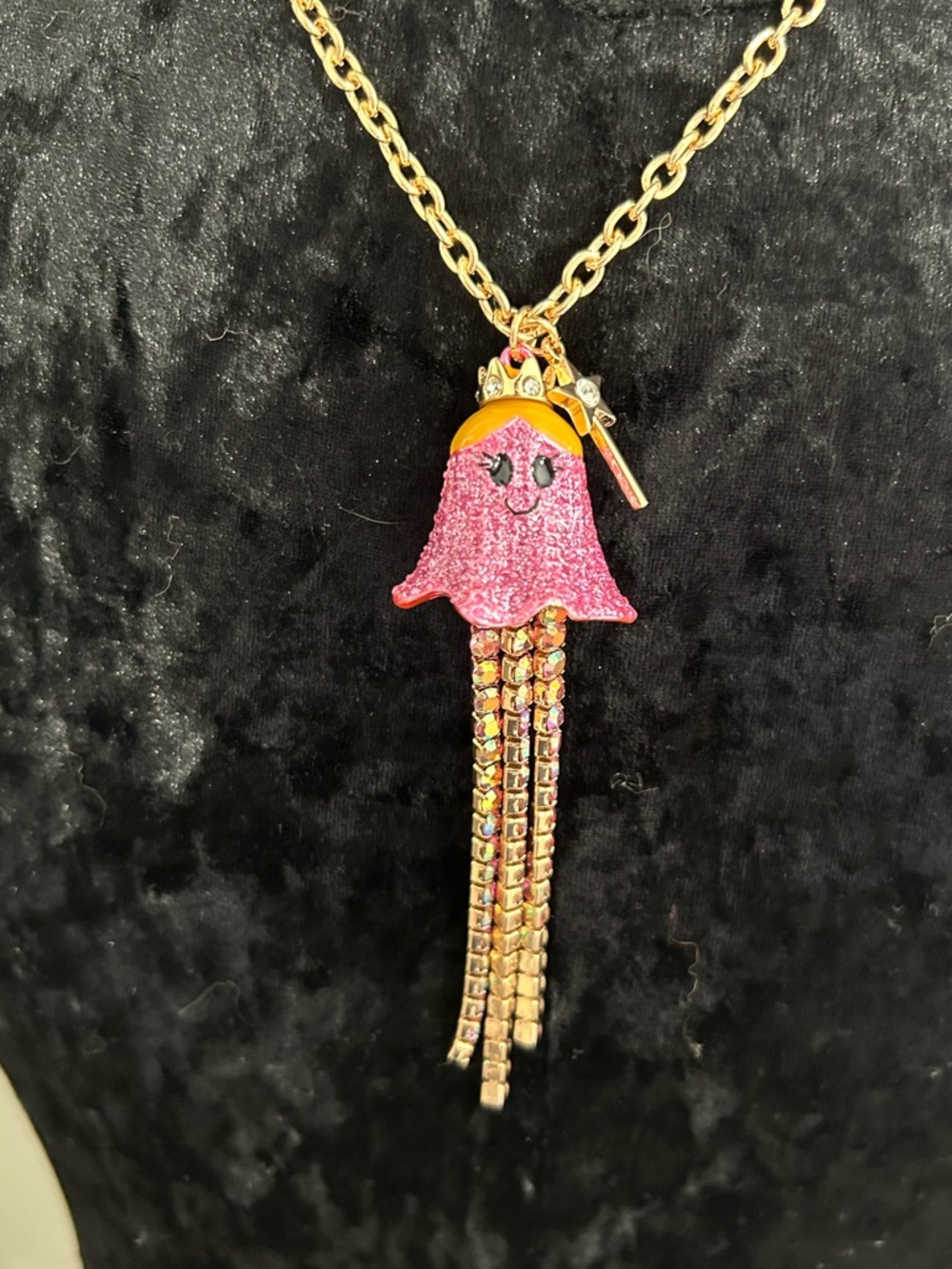 Betsey Johnson Pink Ghost Crystal Pendant Necklace NWT